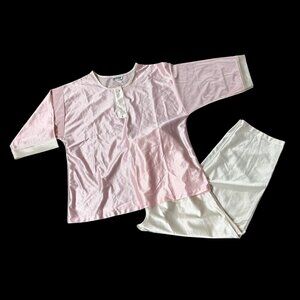 Vintage Pajama Set Large 1980s Apostrophe Sears USA Pink White Retro Top Pants